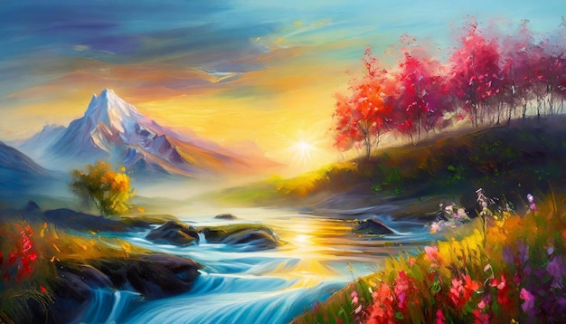 Oil painting of mountain peaks river or lake blooming nature and tree with pink flowers