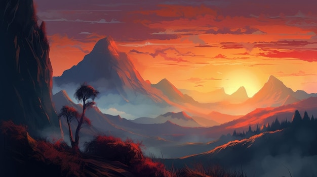 Oil Painting Of Mountain At Sunrise In Bruno Mars Style