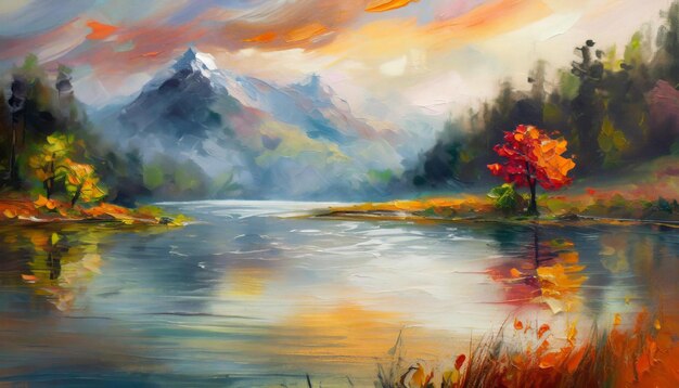 산, 강, 초록색과 오렌지 나무, 아름다운 자연 풍경의 오일 페인팅