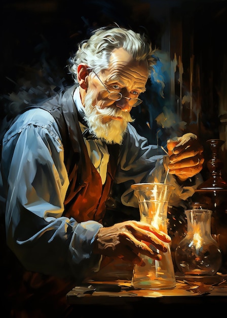 An oil painting of an old man with a beard and glasses.