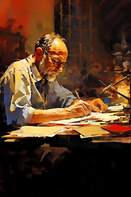 an oil painting of an old man working at a desk.