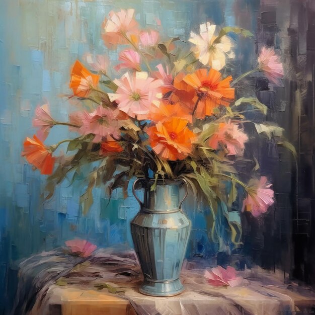 An oil painting of orange flowers in a