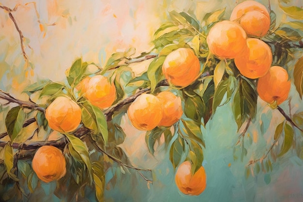 An oil painting of oranges and leaves.