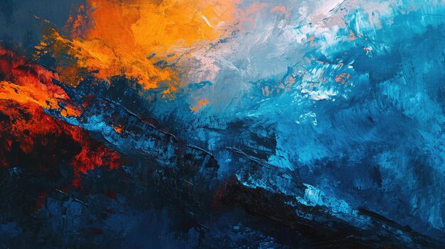 Photo the oil painting picture of blue and orange colour mix yet uncompleted aigx