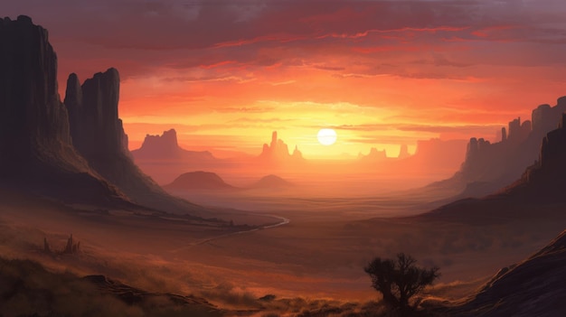 Oil Painting Of Plateau At Sunrise In Acdc Style