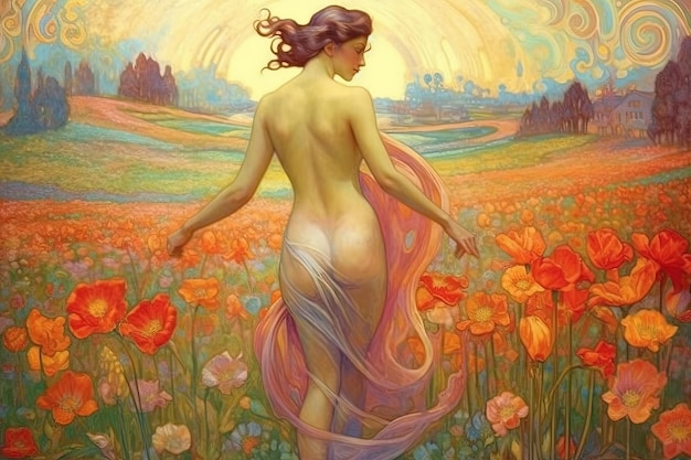 Oil painting of a sexy young Woman walking through a field of flowers artnouveau style