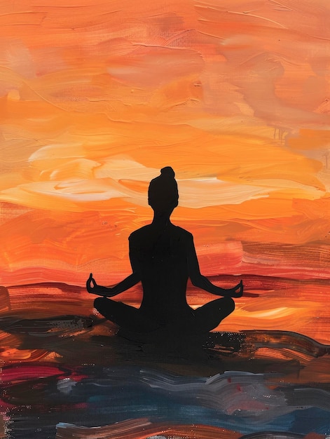 An oil painting silhouette of someone doing yoga against the backdrop of an abstract sky at sunset