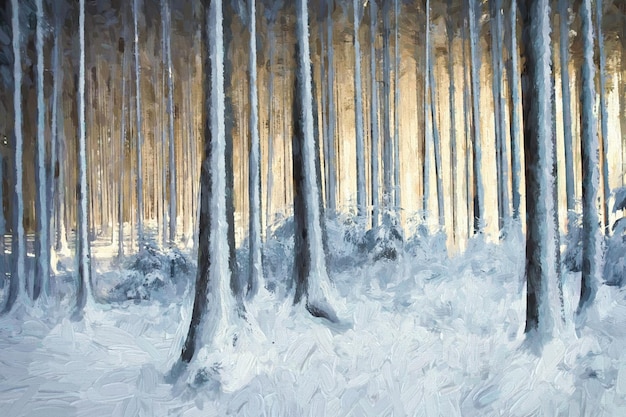 Oil painting snowy trees in the winter forest