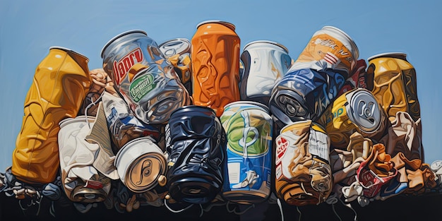 oil painting of soda cans and soda cans in a trash bin generative AI