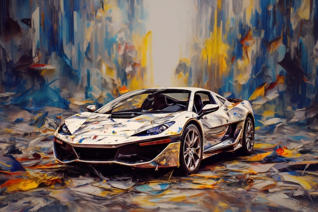 Oil painting of a sports car in the style of mixed media