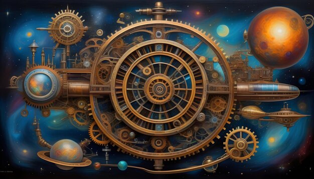 An oil painting of a steampunk galactic map with gears pipes and celestial bodies intertwined