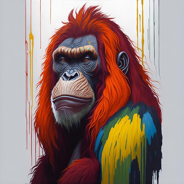 Oil painting style colorful rainbow realistic orangutan head