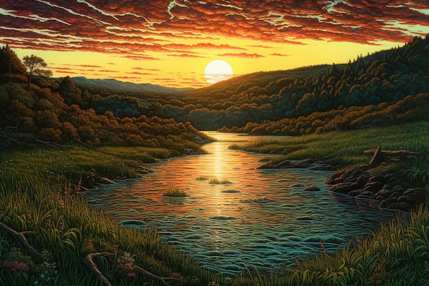 An oil painting of the sun setting over the rolling