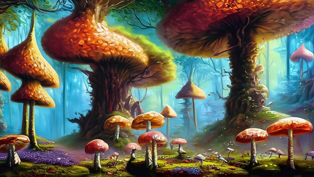 모든 크기의 버섯으로 가득한 넓은 숲이 있는 유화 초현실적인 환상의 땅