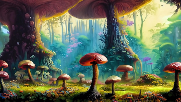 oil painting Surreal fantasy land with large forest full of all sizes mushrooms