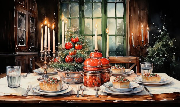 Картина маслом стола в деревенской обстановке с натуральной серединкой и готовой к трапезе посудой.