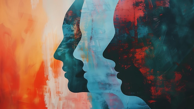 Oil painting of three human face profiles in blue and red colors