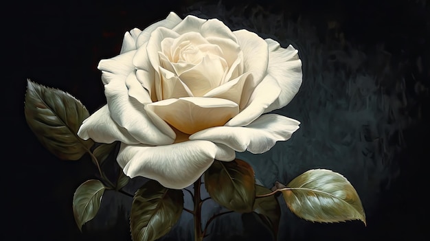 Oil painting of white rose against a dark background texture