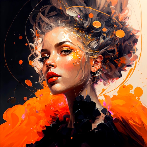 An oil painting of a young beautiful woman with abstract orange paint around Generative AI