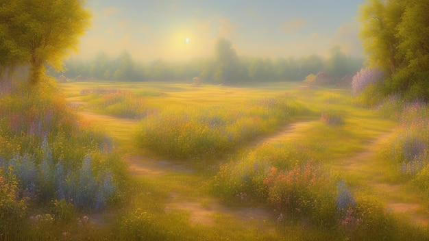 Картина масляной пастелью Пейзаж с зелеными лугами и полевыми цветами