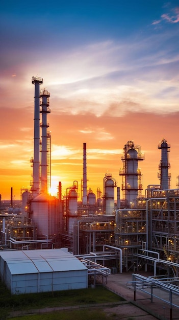 Oil petrochemical refinery plant with sunset