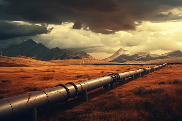 Oil pipeline running through a field towards a mountain in the distance