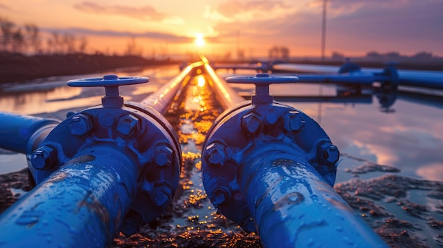 Foto pipeline petrolifere al tramonto con valvole sfondo industriale