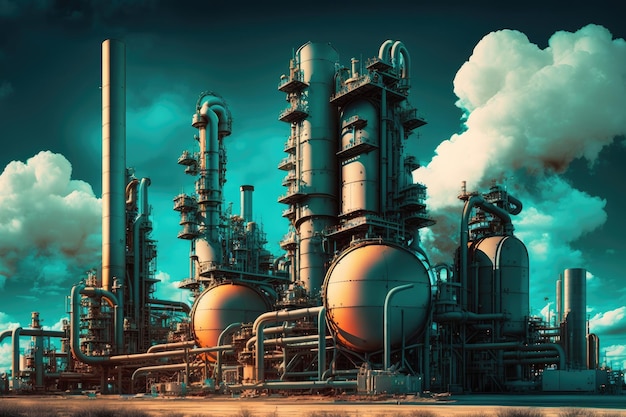 Oil pipelines and towers at large modern refinery complex created with generative ai