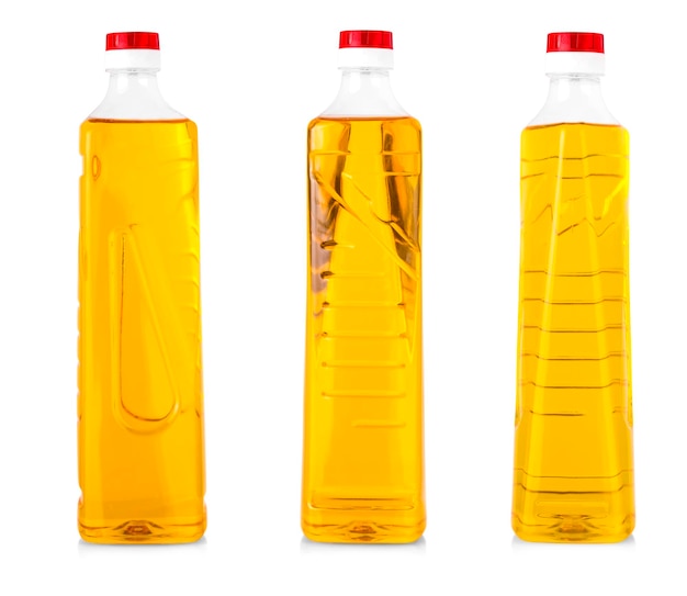 Photo oil in plastic bottle isolated on white background