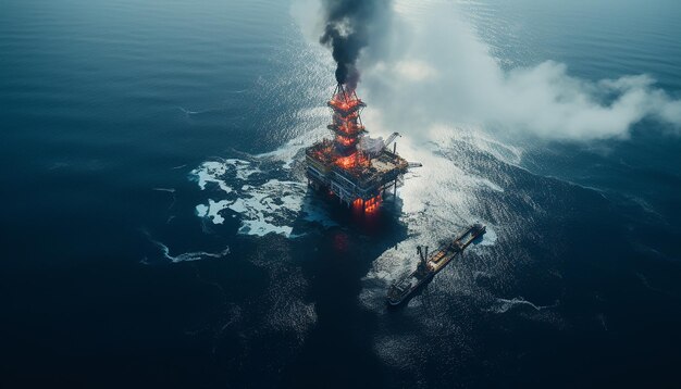 Oil platform in the middle of the sea shooting from helicopter