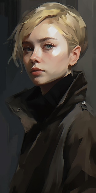 oil portrait of a beautiful blonde woman in black jacket