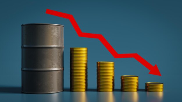 Oil price fall and oil barrels and chart3d rendering