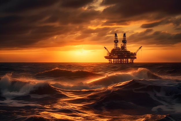 Oil producing station on the background of the sunset in the sea Neural network AI generated