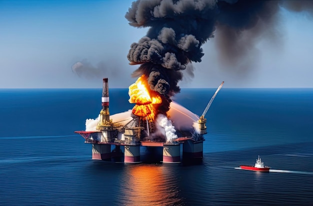 Фото Пожар на нефтедобывающей платформе, катастрофа с взрывом в открытом океане