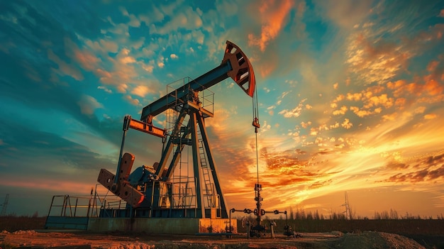 Силуэт нефтяного насоса на фоне яркого захода солнца с драматическими облаками Сцена изображает энергетическую промышленность в потрясающей естественной среде
