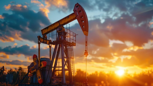 oil pump jack silhouette against a vibrant sunset sky with dramatic clouds in warm hues of orange and blue