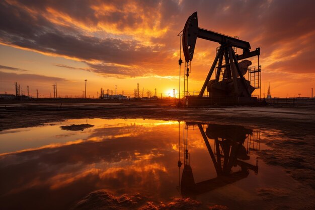 Foto jack della pompa dell'olio con uno sfondo al tramonto e piloni elettrici