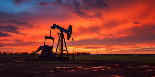 Oil pump jack with a sunset backdrop and electricity pylons