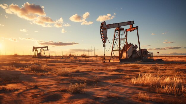 Oil pump jacks Field closeup view