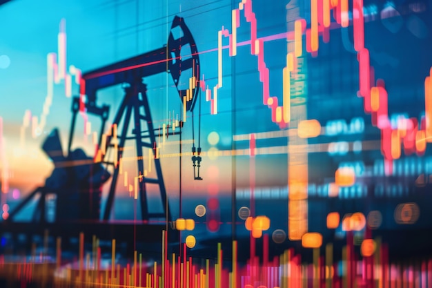 Oil Pump Jacks Silhouetted Against Stock Market Charts