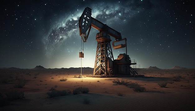 Oil pumpjack on oil well in night sandy desert beautiful moonlight sky oil rich area production