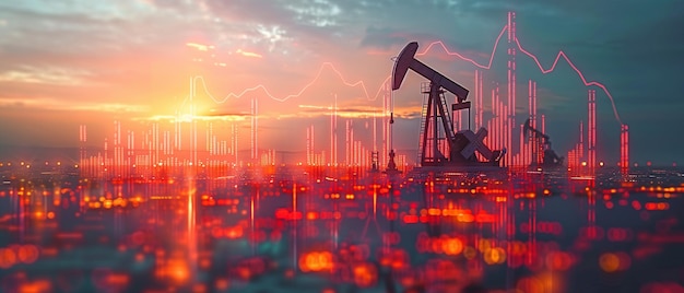 Photo oil pumps with rising financial graphs at sunrise