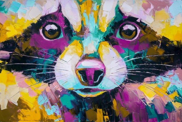 Oil raccoon portrait painting in multicolored tones Conceptual abstract painting of a raccoon Closeup of a painting by oil and palette knife canvas