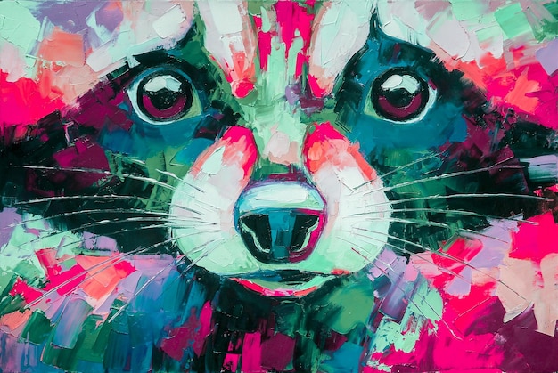 Oil raccoon portrait painting in multicolored tones conceptual abstract painting of a raccoon
