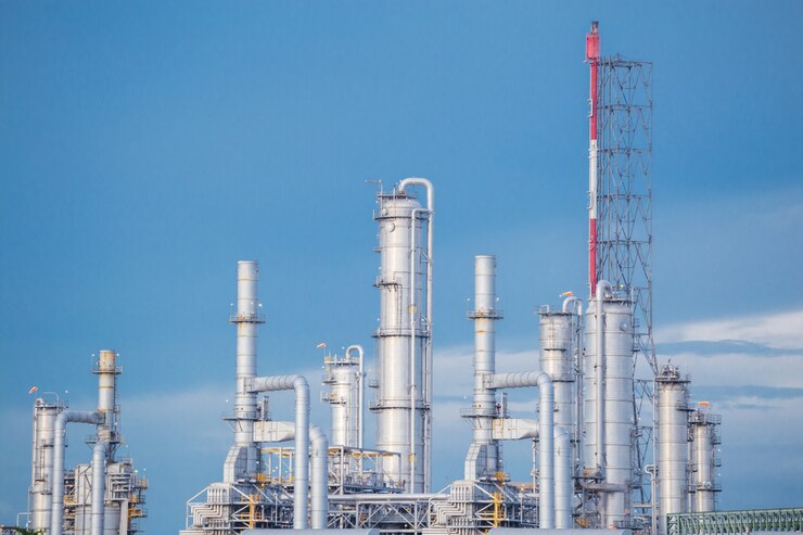 Oil refinery along daytime with blue sky