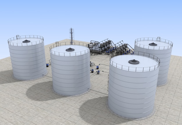 oil refinery, chemical production, waste processing plant, exterior visualization, 3D rendering