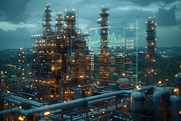 Oil Refinery Illuminated at Night