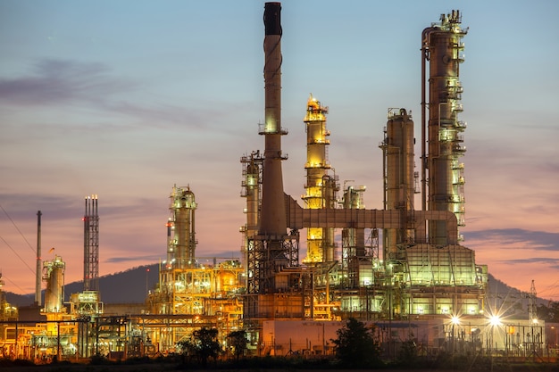 Oil refinery industrial plant at night