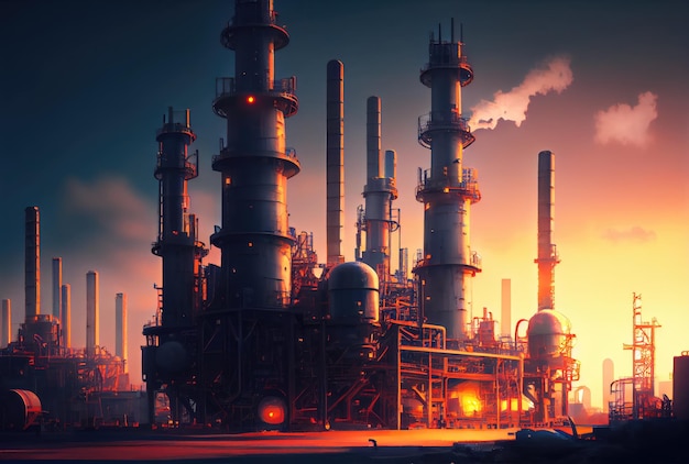 Oil refinery industrial plant with nature and sky background Business and Industry concept Digital art illustration Generative AI