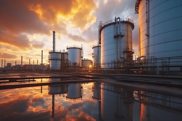 Foto impianto di raffineria di petrolio forma zona industriale con l'alba e il cielo nuvoloso attrezzature impianto di tubi d'acciaio